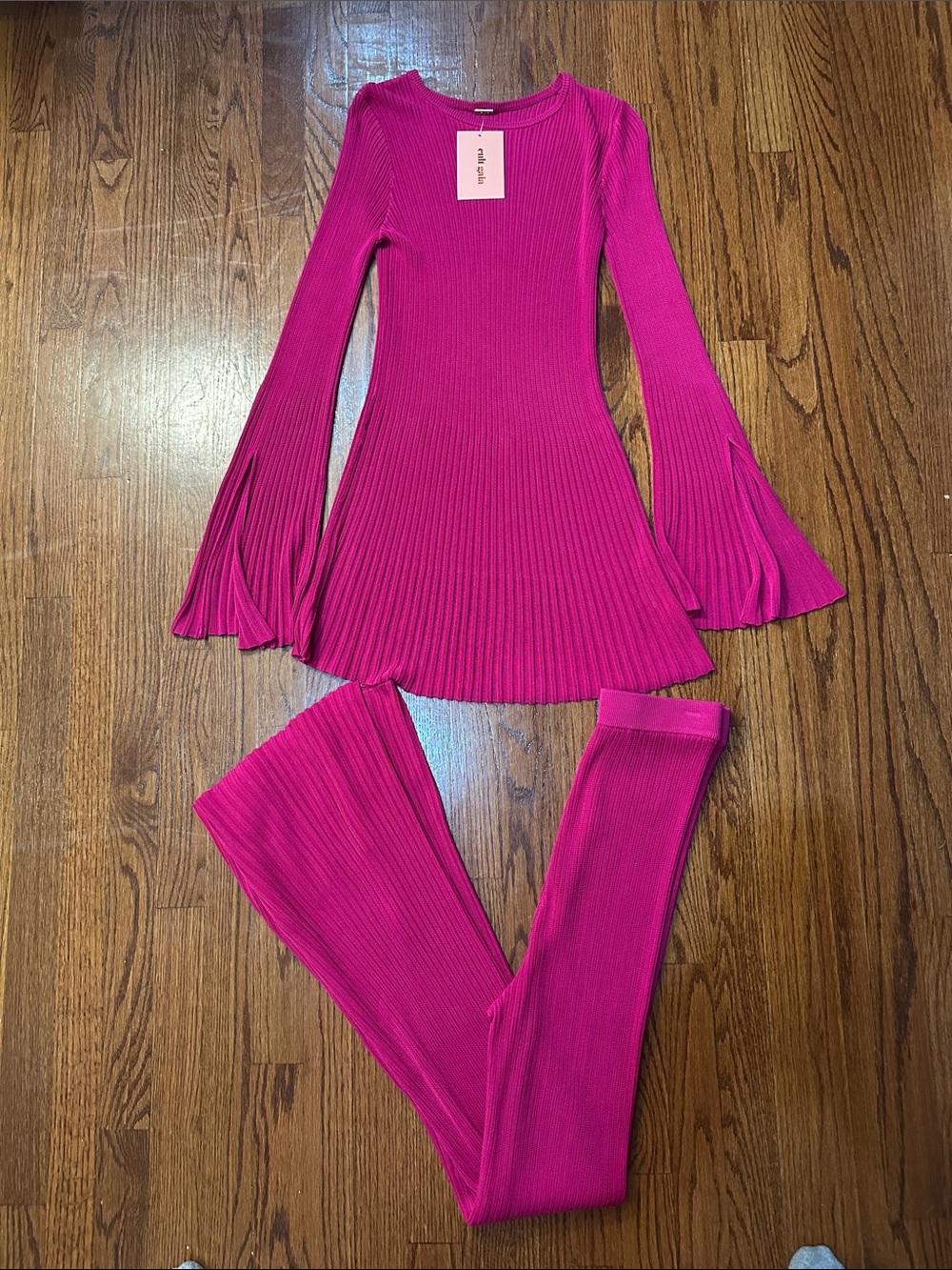 Cult Gaia Ribbed Flared Sleeve Top & Pants Set - Bright Fuchsia